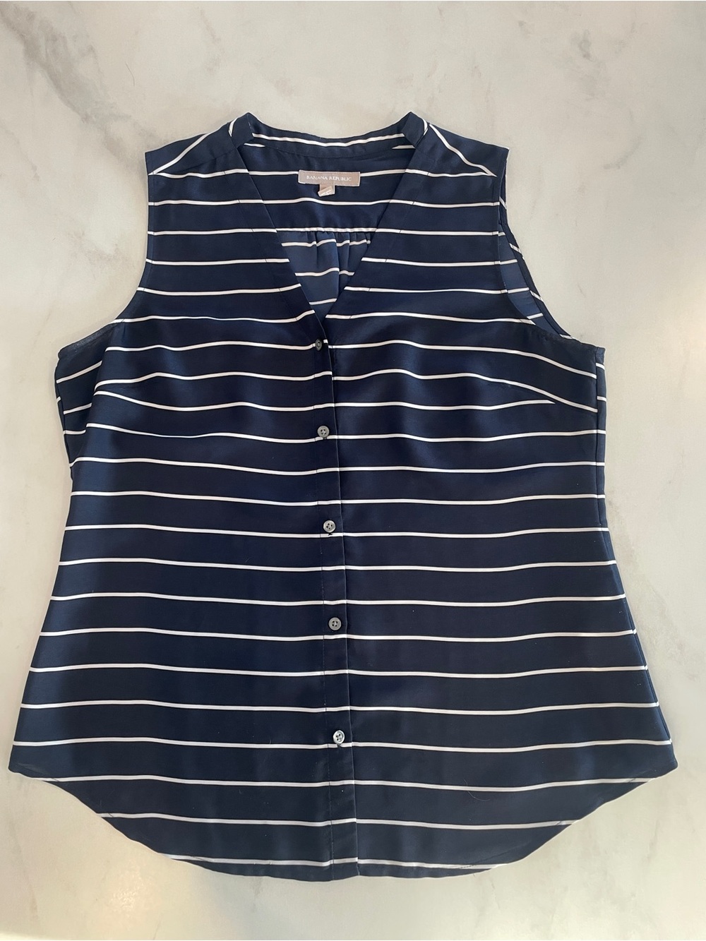 Banana Republic Navy and White Striped Sleeveless Button Blouse
